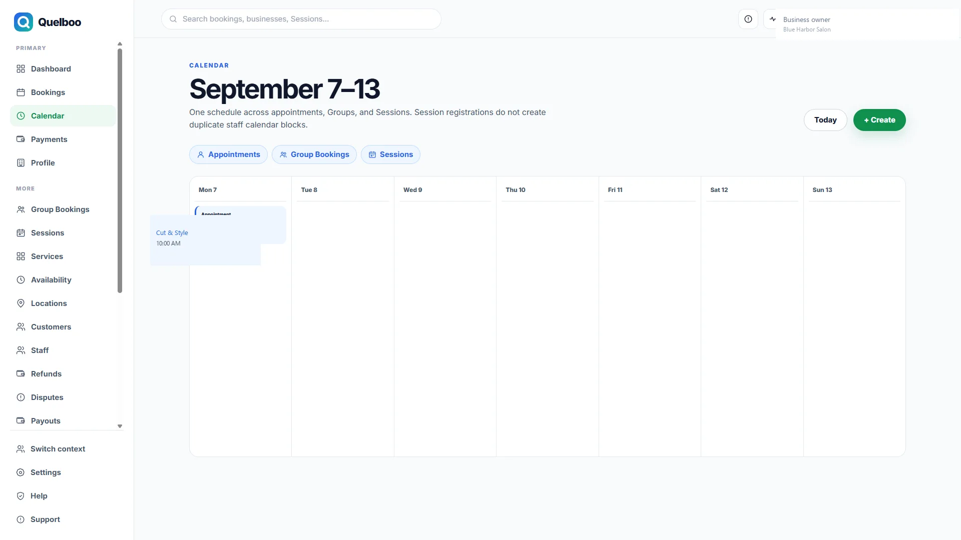 Quelboo business calendar with appointments across the week