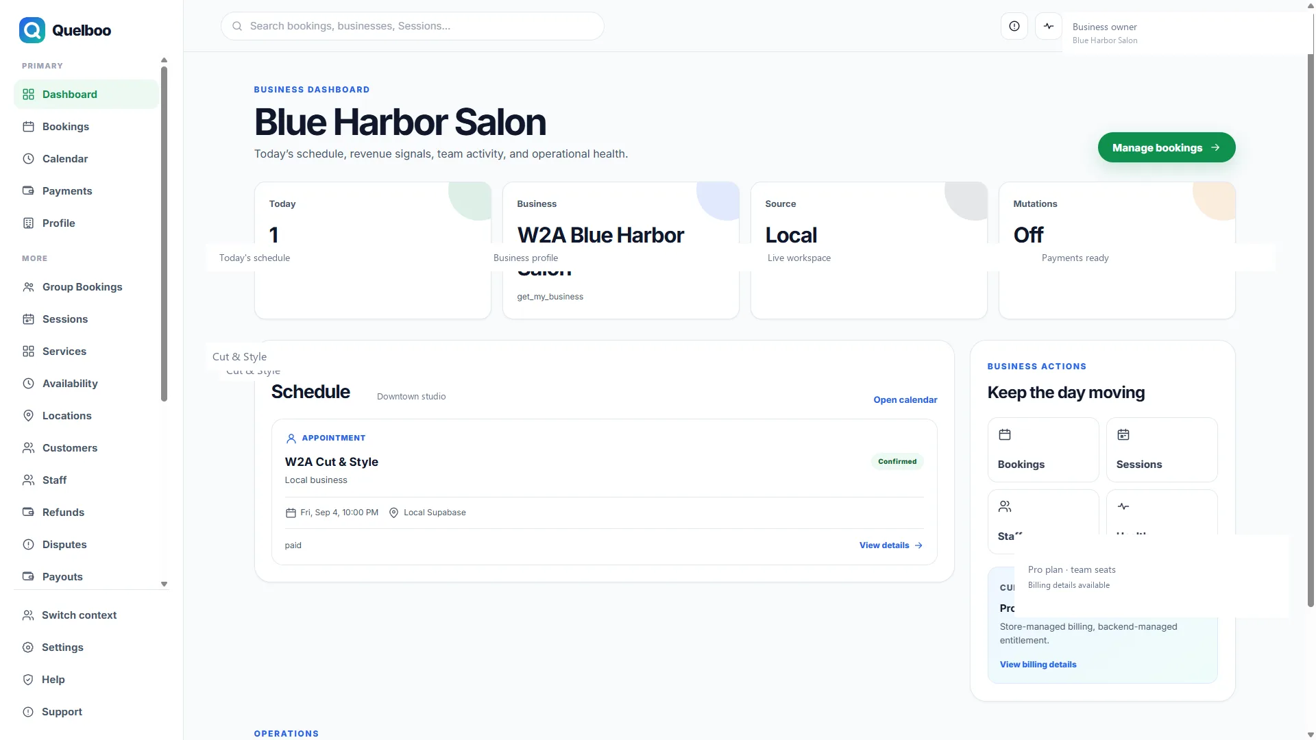 Quelboo business dashboard with schedule overview