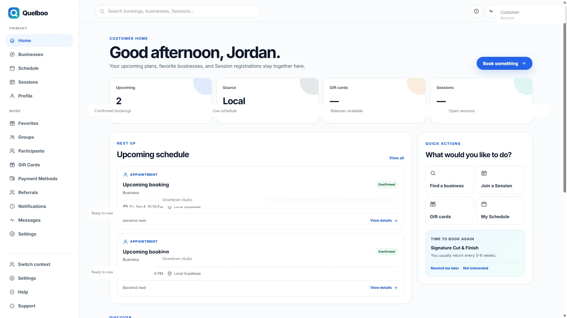 Quelboo customer home showing upcoming bookings and local businesses
