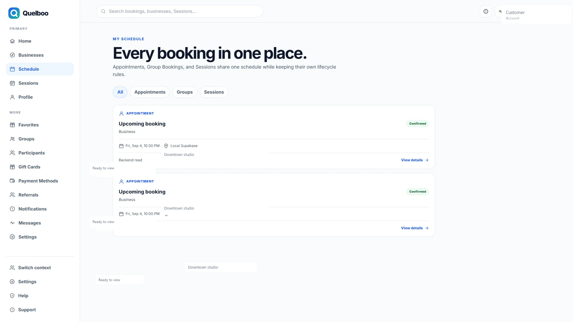 Quelboo customer schedule with confirmed appointments