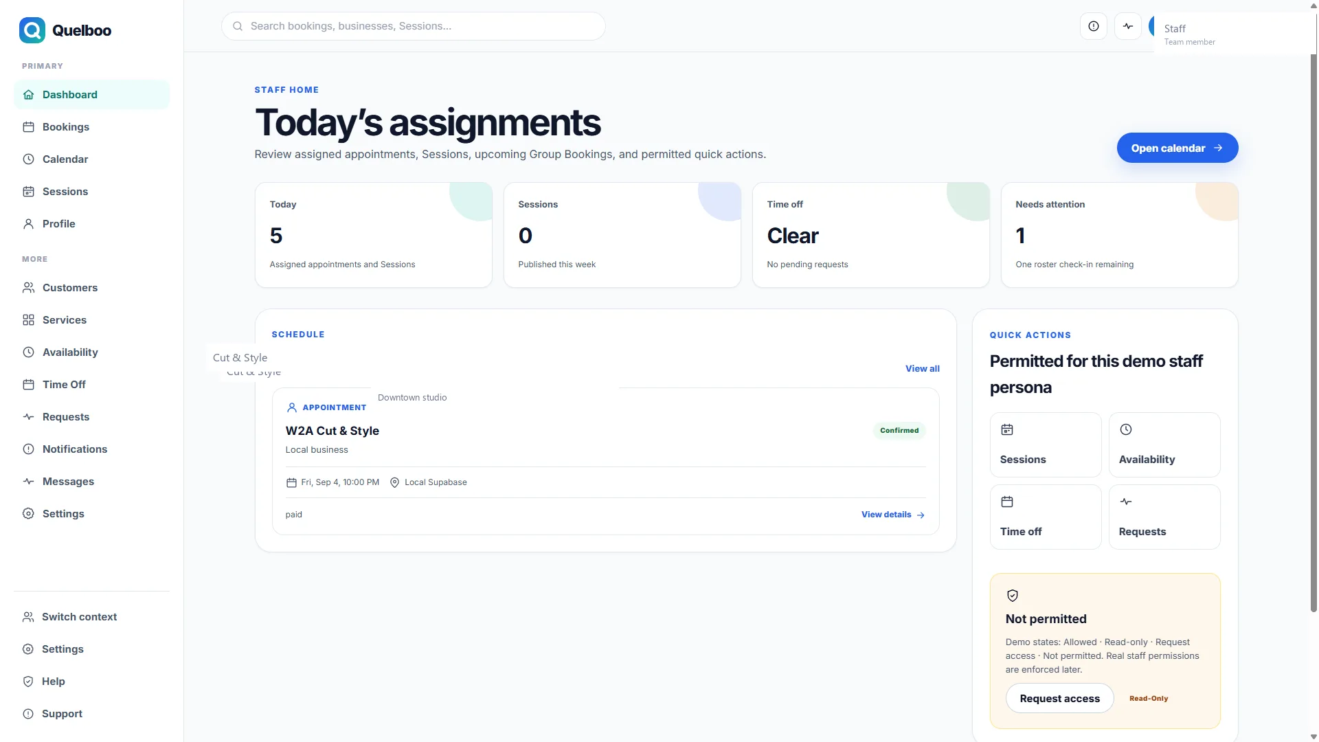 Quelboo staff workspace with assigned bookings and limited tools